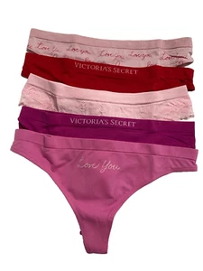Victoria Secret Seamless Thongs Womens Medium Low Rise 5 Pairs Love Script - Picture 1 of 3