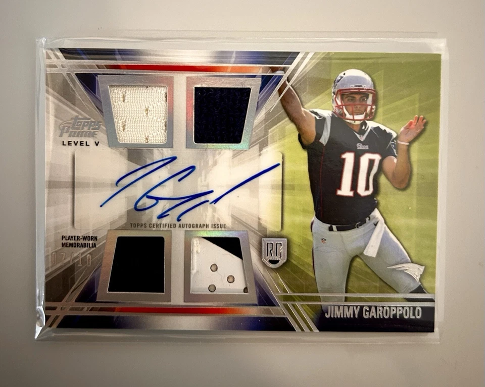 Jimmy Garoppolo 2014 Topps Prime parche cuádruple reliquia automático novato radiocontrol #7/10 Patriots Foto 1 de 4