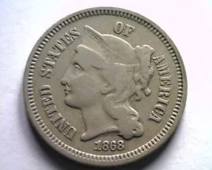 1868 DREI CENT NICKEL SEHR SCHÖN SS SCHÖNE ORIGINALMÜNZE VON BOBS MÜNZEN SCHNELLER VERSAND - Bild 1 von 2