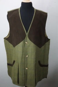 Ray Ward Gunsmith Green Blue Plaid Tweed Suede Shoulder Shooting Vest Sz 50 - Picture 1 of 8