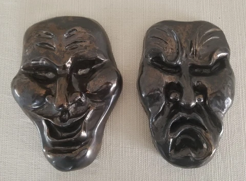 Comedy Tragedy Mid Century Modern MCM Signed Ceramic Wall Head Plaque Vintage Cover