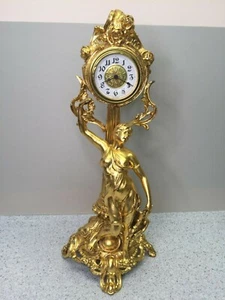 Gold Gilt Figural Quartz Clock Woman w/ Lyre German Movement Running? - Picture 1 of 12