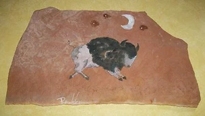 WHITE BUFFALO DREAM ORIGINAL ART ON STONE NATIVE AMERICAN INDIAN RAWNEE CHEROKEE - Picture 1 of 2