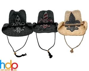 Damenhut Stroh Cowboy Cowgirl Strass Fleur de Lis Lilie mit Kinnriemen - Bild 1 von 22