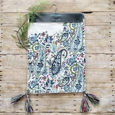 Cynthia Rowley Paisley Table Runner 16x72 Woven Embroidered Lined Tassels Cotton - Image 1 of 4