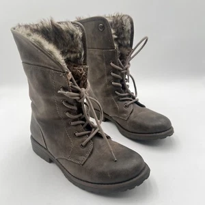 Roxy Boots Women’s 8.5 Powell Lace Up Combat Faux Fur Dark Gray Brown - Picture 1 of 18
