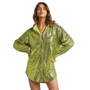 Women's Sparkling Sequin Long Sleeved Loose Oversized Mid Length Sequin Shirt - Picture 1 of 8