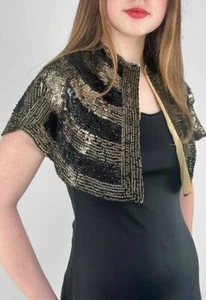 20's Vintage Ladies Art Deco Antique Black Gold Sequin Silk Cape Capelet Jacket - Picture 1 of 4