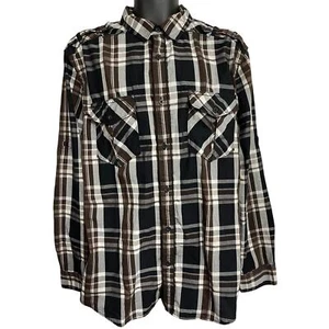 Helix Button Up Shirt Men XL Brown Black Plaid Athletic Fit Pockets Long Sleeve - Picture 1 of 5