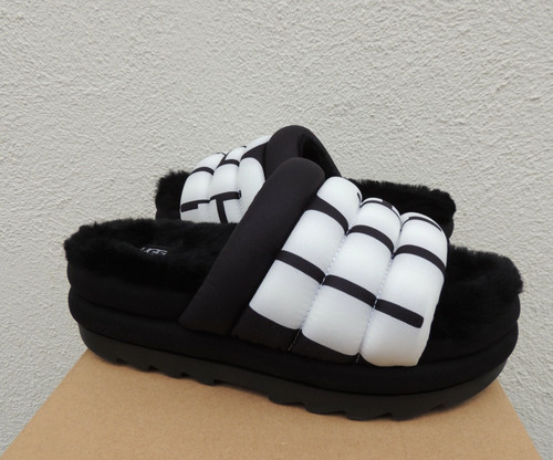 SANDALI CON PLATEAU UGG NERI MAXI SLIDE LOGO PELLE DI PECORA DONNA US 10 EUR 41 ~NUOVI CON SCATOLA