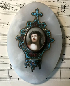 Antique French Champleve Enamel Painted Porcelain Holy Water Font Jesus c1880 - Picture 1 of 6