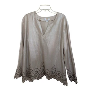 NEW Talbots Women's Top 100% Linen Tan Split Neck Long Sleeve Eyelet Size 24W - Picture 1 of 8