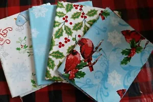 Bundle of 4 100% Cotton Christmas Fat Quarters Cardinals Snowflakes Holly Blue - Picture 1 of 3