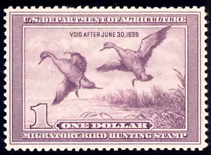US RW5 $1 Hunting Permit Stamp 1938 Pintail Drake & Hen Alighting VF unused OG H - Picture 1 of 2