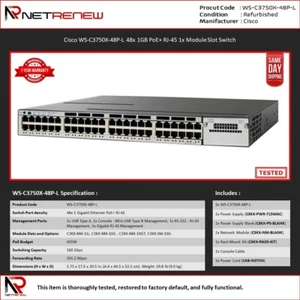 Cisco WS-C3750X-48P-L  Catalyst 48-Port PoE+ Gigabit  LAN Base Switch - Picture 1 of 1