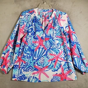 Lilly Pulitzer Top Damen S Blau Rosa She She Shells Seide Elsa Langarm Strand - Bild 1 von 8