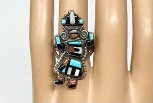 VTG Zuni Gilermo Natachu Sterling Multi Stone Inlay Kachina Ring Sz 8 (6.9G) - Picture 1 of 5