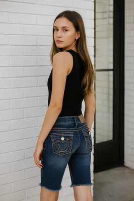 TRUE RELIGION Womens Cutoff Jean Shorts Size 12 Denim TRBJ Crystal Flap Y2K Boh - Image 1 of 4