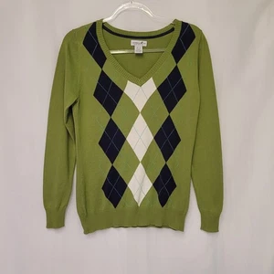 Caribbean Joe Wmn's Green V Neck Argyle Sweater Lightweight Preppy Classic Sz M - Picture 1 of 5