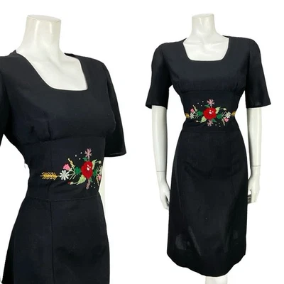 VESTIDO DE COLECCIÓN AÑOS 60 MOD FOLK NEGRO ROJO VERDE FLORAL TRIGO CUELLO CUADRADO 10 Foto 1 de 4