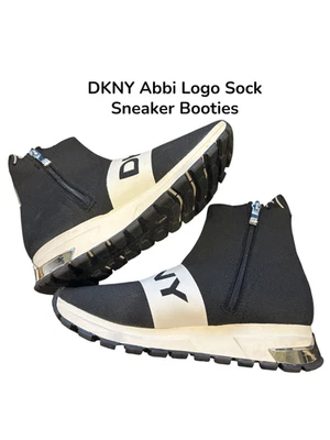 DKNY Abbi Logo Sock Sneaker Booties K3132057 Black White Zip High Top 8.5 - Image 1 of 4
