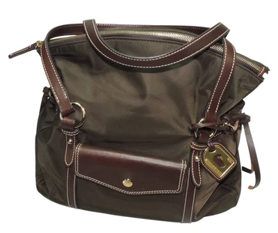 De Colección Dooney Bourke Smith Cartera Bolso de Hombro Marrón Nylon Cuero Borde Forro Rosa Foto 1 de 4