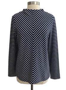 Talbots Mock Neck Cotton Top Women Size 1X Striped Coastal White Blue Nautical - Picture 1 of 10