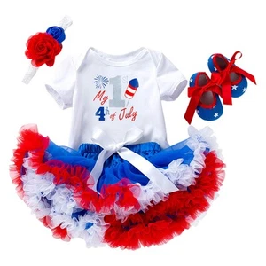 4th of July Baby Girl Outfit American Flag Romper + Ruffle Tulle Tutu Skirt +... - Picture 1 of 7