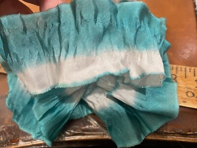 vintage pleated silk 1.5" flower trim ribbon 23"pc  white teal made in France - Image 1 of 4