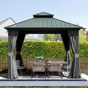 Domi 10'x 10' Hardtop Gazebo Outdoor Aluminum Gazebo w/Curtains and Net, Gray - Picture 1 of 7