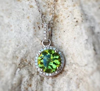 Simulated Green Peridot & White Moissanite Women Halo Pendant In 10K White Gold - Image 1 of 3