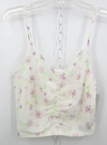 BP RUCHED V NECK CROPPED CAMI TANK TOP Women's Size Medium Ivory Lavender Floral - Picture 1 of 5