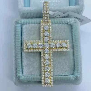 3.00 Ct Round Cut Moissanite Cross Men's Pendant 14K Yellow Gold Plated Silver - Picture 1 of 8