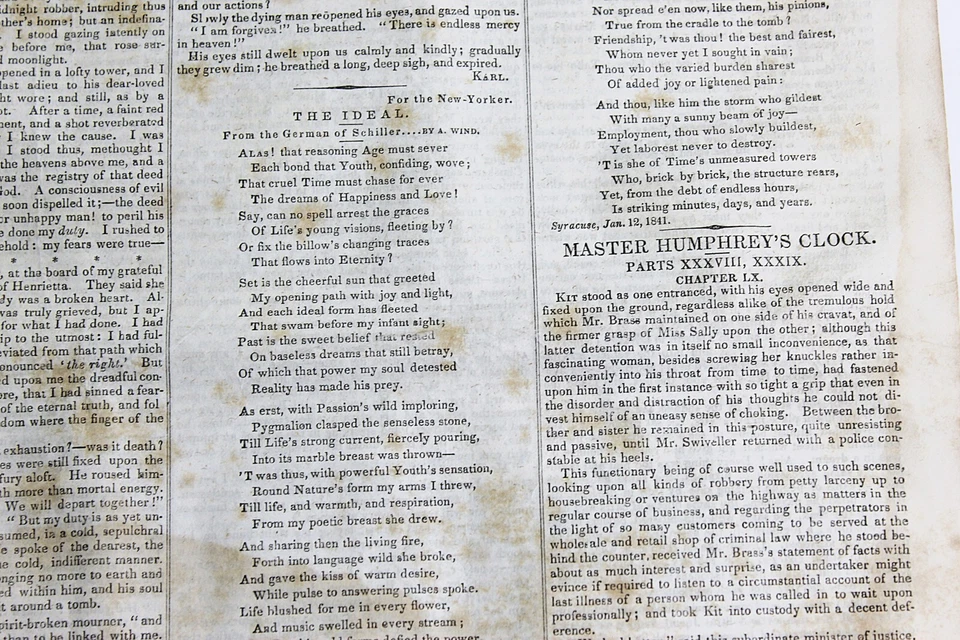 1841 THE NEW-YORKER Charles Dickens MASTER HUMPHREY'S CLOCK 1st American - Image 1 of 4