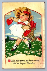 Postcard Vtg Valentine's Day Holiday Heart Love Girl Dont Throw My Heart Away - Picture 1 of 2