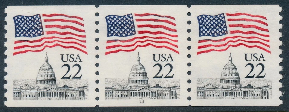 US Scott 2115 22c Flag over Capitol, Plate Number Strip of 3 #11, MNH - Image 1 of 1