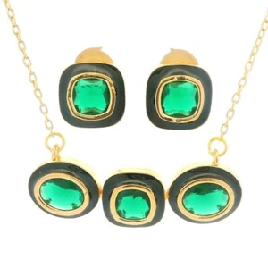 Emerald Green Color Stone Studded 3 Pcs Set With Black Enamel - Picture 1 of 3