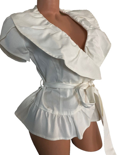 OFF WHITE Giacca top EFREA Off White incrociata con cintura manica corta e volant taglia 40 nuova con etichette