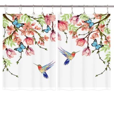 Cortinas de jardim pássaro flor cortinas janela conjunto com 2 painéis com ganchos tecido impermeável - Imagem 1 de 4