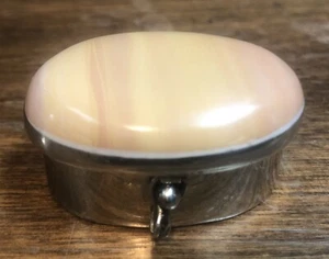 Kleine Vintage ovale Alpaka Mexiko Silber & polierter Stein Pillendose Ring Halter - Bild 1 von 10
