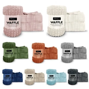 Waffle Checked Throw Blanket Faux Fur Cord Reversible Thermal Warm Soft Bedding - Picture 1 of 28