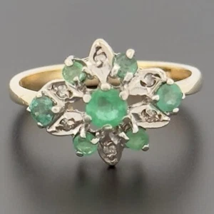 9ct Yellow Gold Emerald & Diamond Cluster Ring Size I Hallmarked - Picture 1 of 10