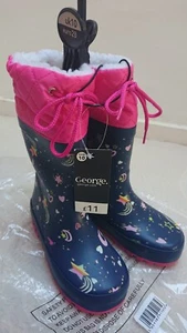 GEORGE Girls Lined Cuffed Wellies Infant 10 UK, Blue/Pink/Stars UNWORN WITH TAGS - Picture 1 of 8