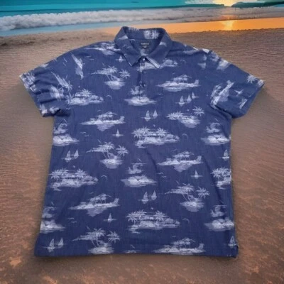 Van Heusen Men's Tropical Sailboat Button-Up Short Sleeve Casual Shirt Blue XL - Image 1 of 4
