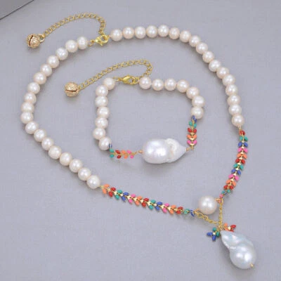 White Keshi Pearl Pendant Multi Color Enamel Chain Choker Necklace Bracelet Set - Image 1 of 2