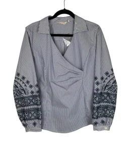 NEU weiche Umrandung blau gestreift Faux Wickel Top Größe L bestickt Ärmel Large - Bild 1 von 11