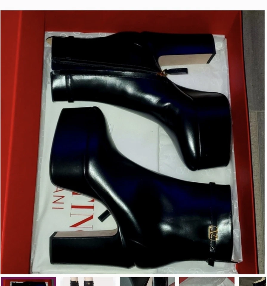 sz 8.5/ 39.5 Valentino Garavani VLogo Black  Platform Tan Go Ankle Boots - Image 1 of 4