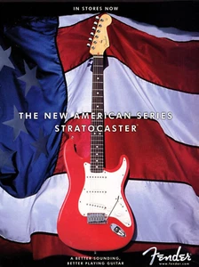 vtg AMERICAN SERIES FENDER STRATOCASTER MAGAZINE PRINT AD Flag USA Guitar PINUP - Picture 1 of 1