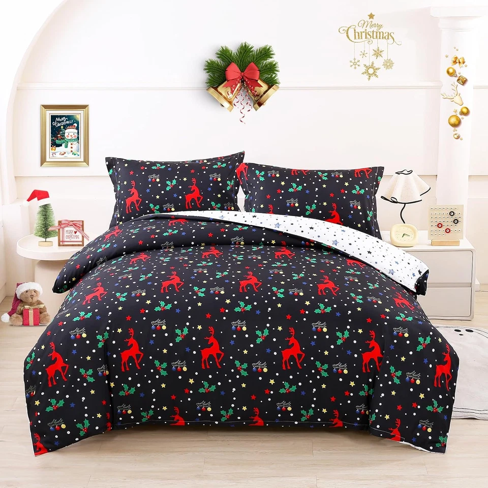 Juego de funda nórdica premium Queen Navidad Holly Berry & Deer ropa de cama de vacaciones Foto 1 de 4
