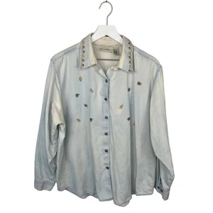 Vintage Denim Embroidered Fall Leaves Denim Button Up Shirt - Women's Size 20W - Picture 1 of 6